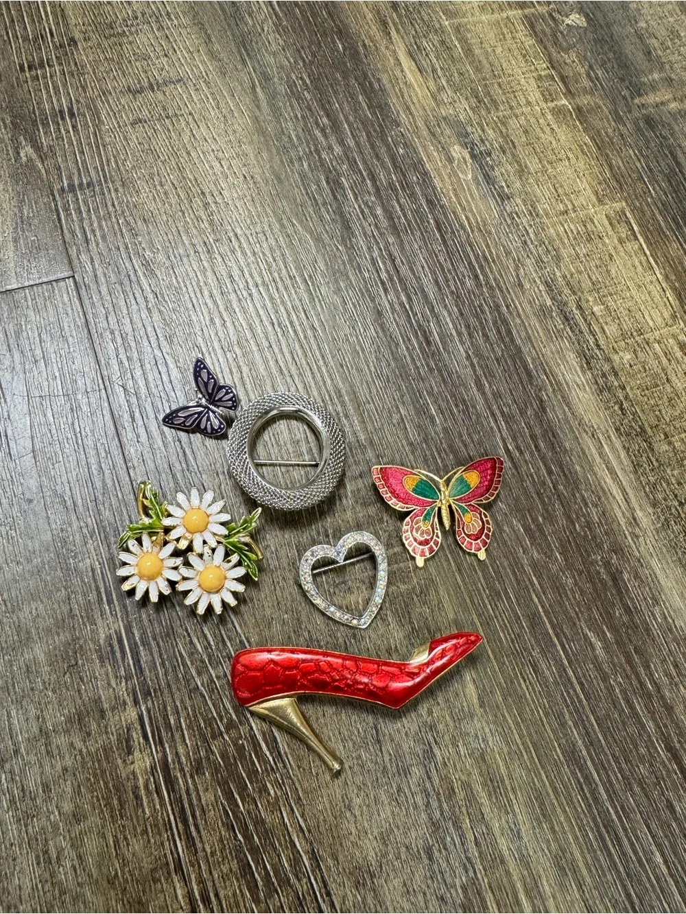 Assorted Women’s Enamel and Rhinestone Brooch Set - Red, Yellow, Green, Silver